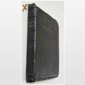 VTG 50s World Bible King James Red Letter Black Leather Case Cross Zipper